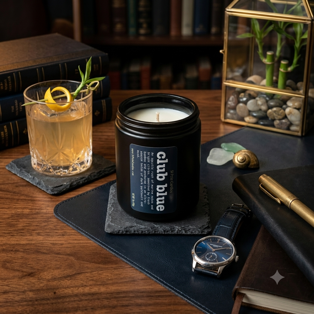 Citrus Musk Scented Fragrance, Mens Cologne Soy Wax Candle, Wood Coaster Gift for Him