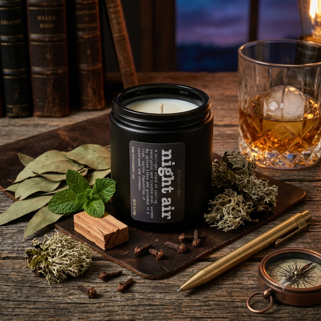 Eucalyptus Mint Scented Fragrance, Mens Cologne Soy Wax Candle, Wood Coaster Gift for Him