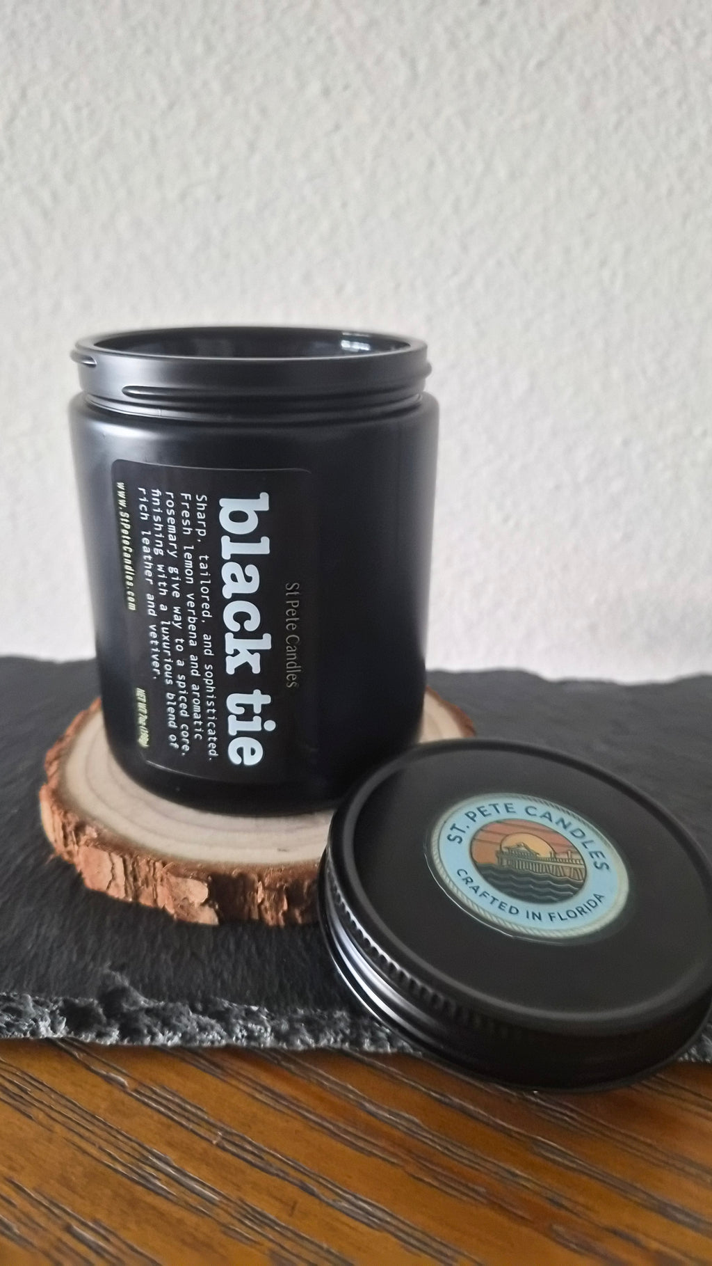 Leather Sandalwood Scented Fragrance, Mens Cologne Soy Wax Candle, Wood Coaster Gift for Him