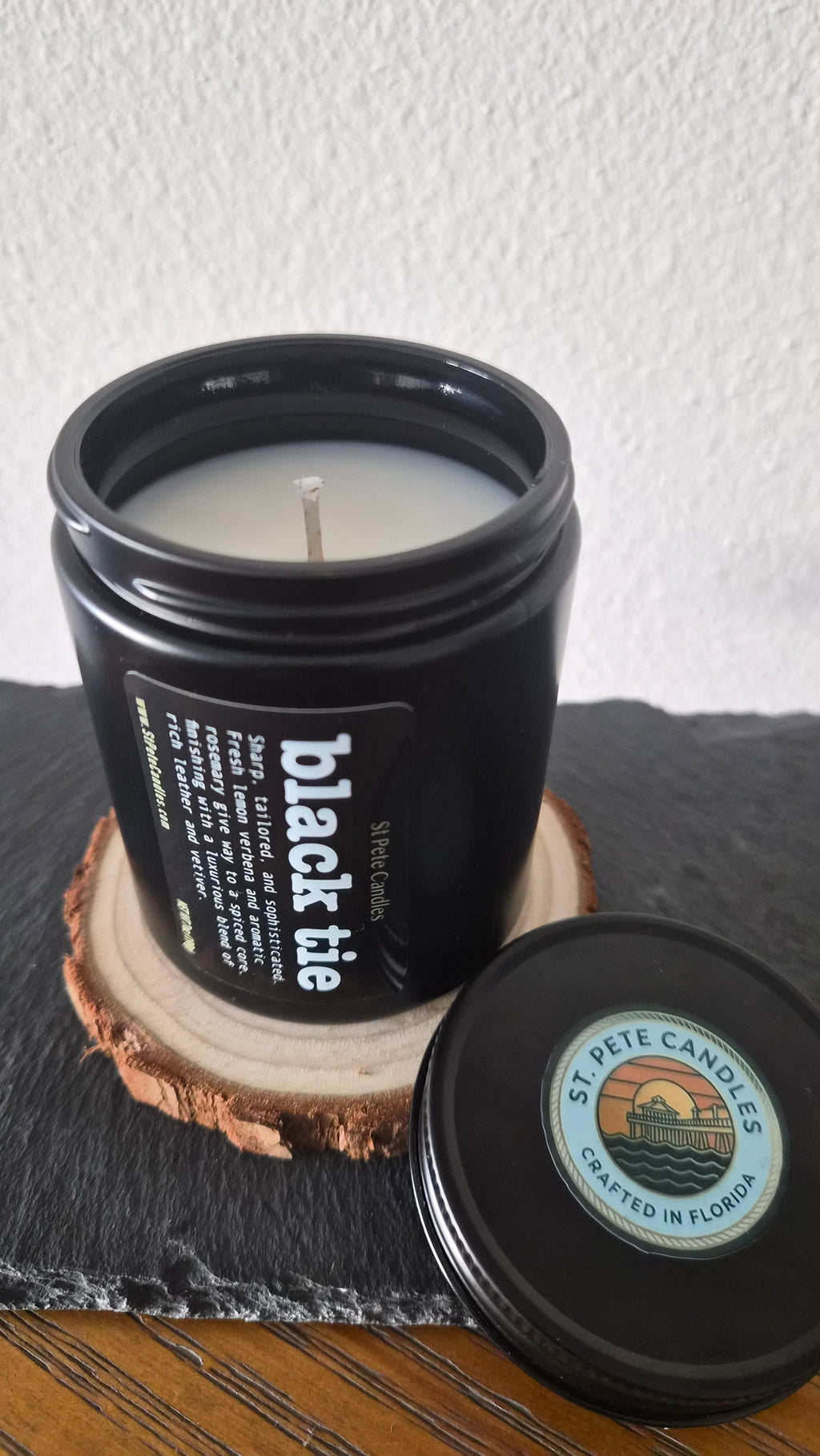 Leather Sandalwood Scented Fragrance, Mens Cologne Soy Wax Candle, Wood Coaster Gift for Him