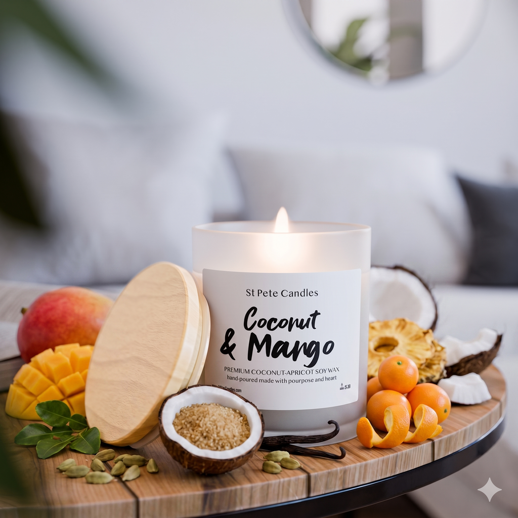 Mango Coconut Apricot Soy Candle, Hand Poured Clean Burning Wax, Coastal Scented Gift, 11oz
