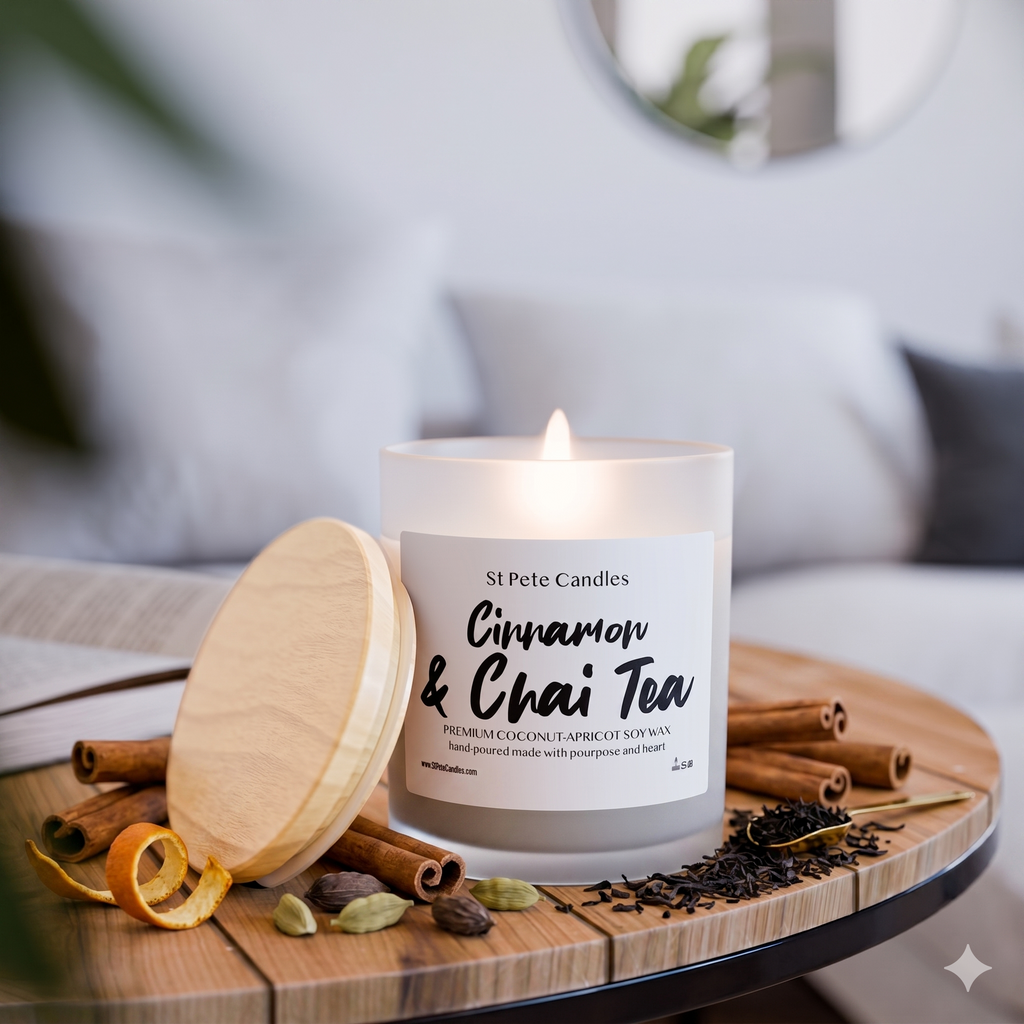 Cinnamon Chai Coconut Apricot Soy Candle, Hand Poured Clean Burning Wax, Coastal Scented Gift, 11oz