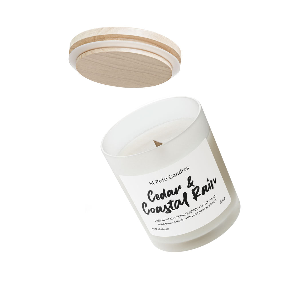 Cedar Coastal Rain Coconut Apricot Soy Candle, Hand Poured Clean Burning Wax, Scented Gift, 11oz