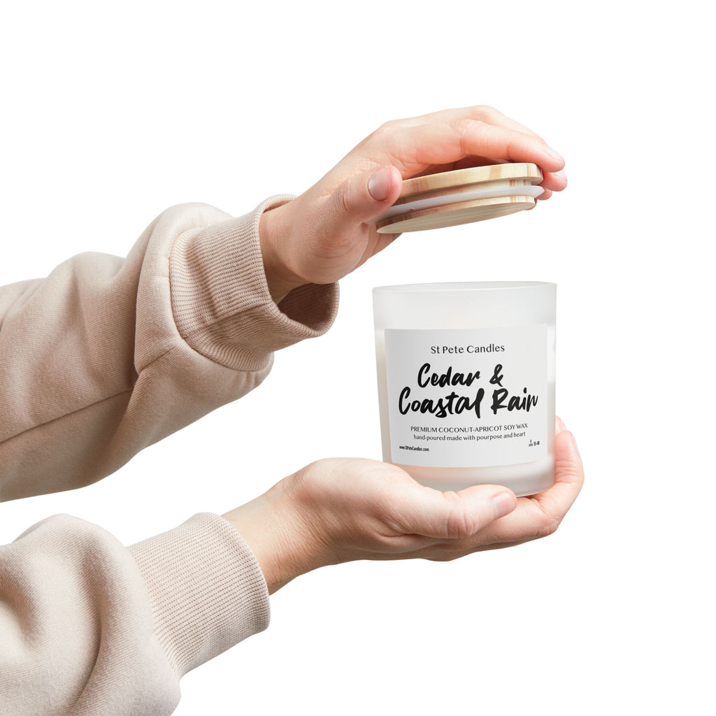 Cedar Coastal Rain Coconut Apricot Soy Candle, Hand Poured Clean Burning Wax, Scented Gift, 11oz