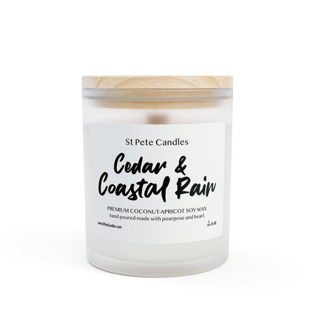 Cedar Coastal Rain Coconut Apricot Soy Candle, Hand Poured Clean Burning Wax, Scented Gift, 11oz
